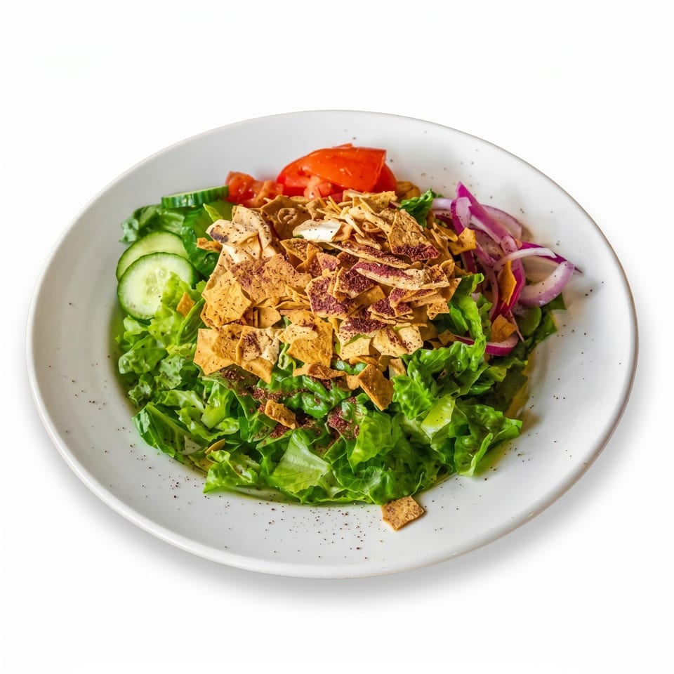 Fresh fattoush salad with lettuce, cucumbers, tomatoes, red onions, and pita chips.