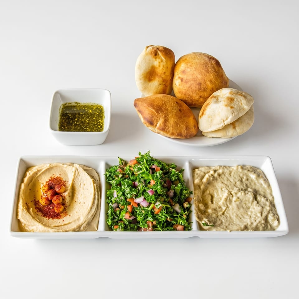 A white platter with hummus, tabbouleh, and baba ghanoush, served with pita bread and olive oil.