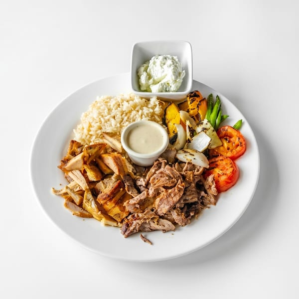 A white plate with chicken and lamb shawarma, rice, grilled vegetables, and two dipping sauces.